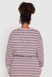 Womens Plus Size Striped Cropped Toggle Drawstring Hem Sweatshirt, Grey, Size 2X
