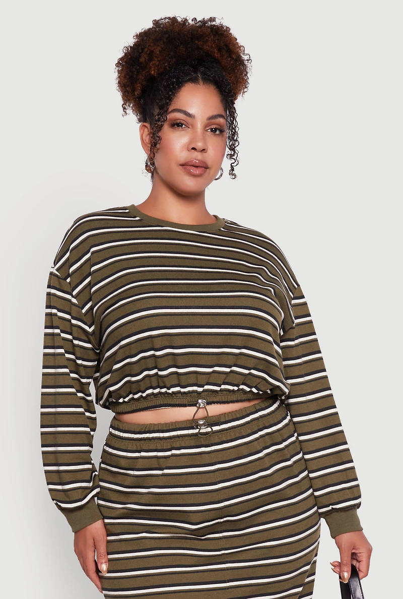 Plus Striped Cropped Toggle Drawstring Hem Sweatshirt