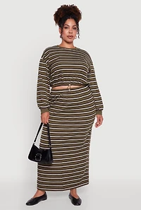 Womens Plus Size Striped Cropped Toggle Drawstring Hem Sweatshirt, Green, Size 2X