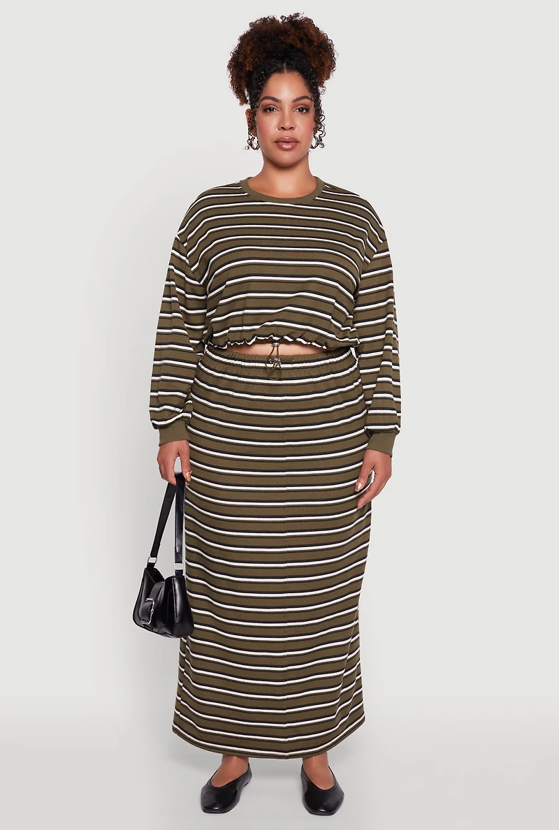 Womens Plus Size Striped Cropped Toggle Drawstring Hem Sweatshirt, Green, Size 2X