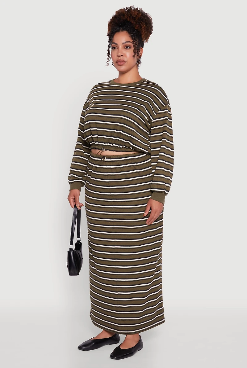 Womens Plus Size Striped Cropped Toggle Drawstring Hem Sweatshirt, Green, Size 2X