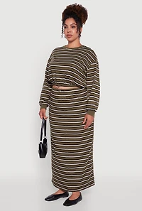 Womens Plus Size Striped Cropped Toggle Drawstring Hem Sweatshirt, Green, Size 2X