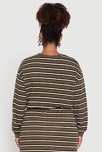 Womens Plus Size Striped Cropped Toggle Drawstring Hem Sweatshirt, Green, Size 2X