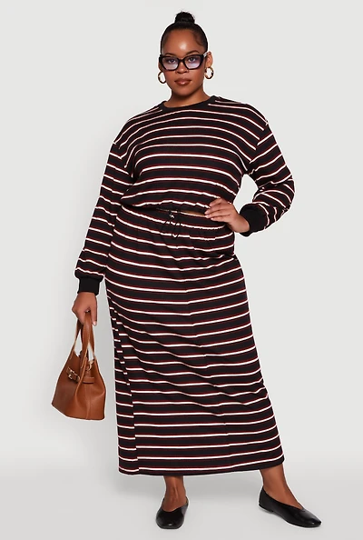 Womens Plus Size Striped Toggle Drawstring Waist Maxi Skirt, Black, Size 3X
