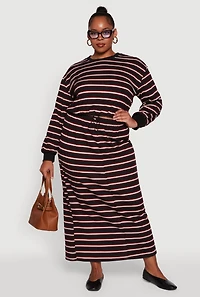 Womens Plus Size Striped Toggle Drawstring Waist Maxi Skirt, Black, Size 3X