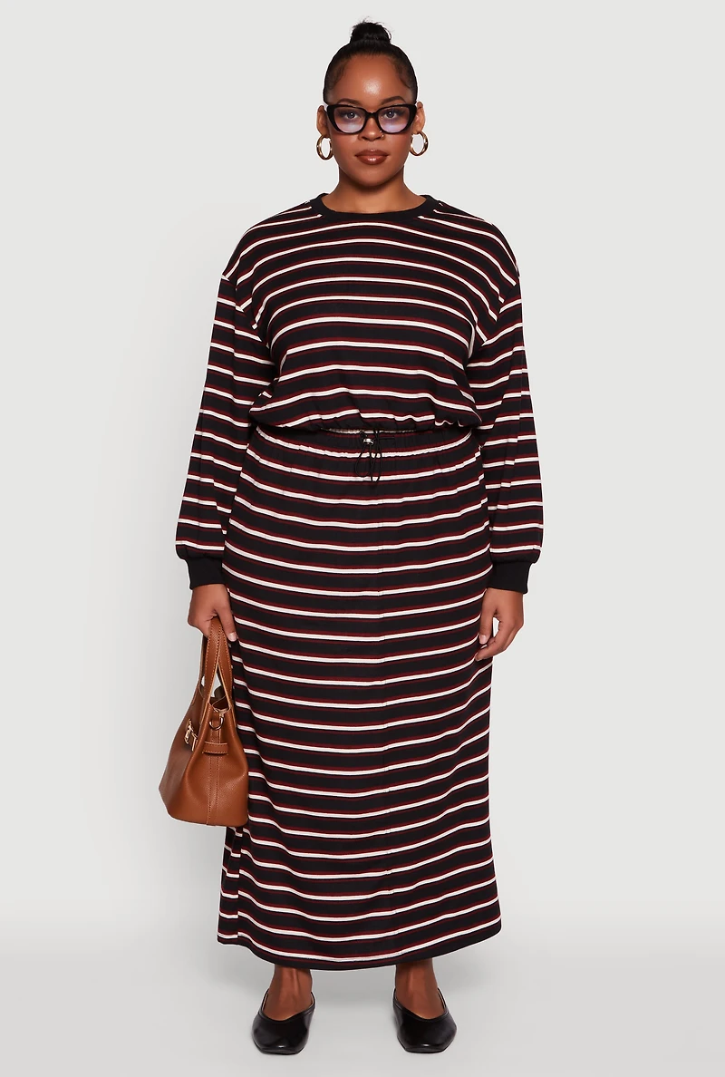 Womens Plus Size Striped Toggle Drawstring Waist Maxi Skirt, Black, Size 3X