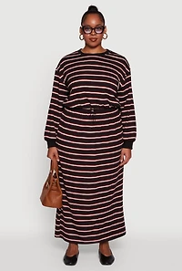 Womens Plus Size Striped Toggle Drawstring Waist Maxi Skirt, Black, Size 3X
