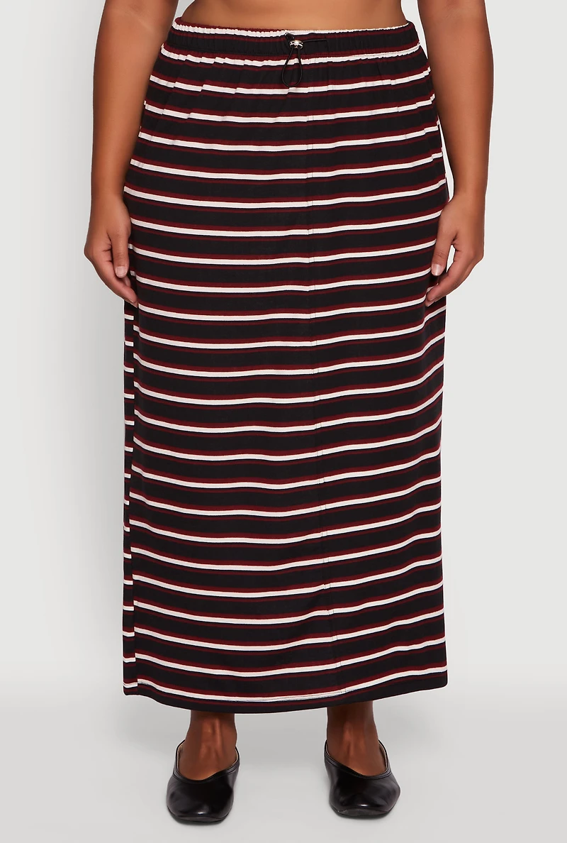 Womens Plus Size Striped Toggle Drawstring Waist Maxi Skirt, Black, Size 3X