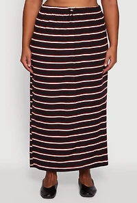 Womens Plus Size Striped Toggle Drawstring Waist Maxi Skirt, Black, Size 3X