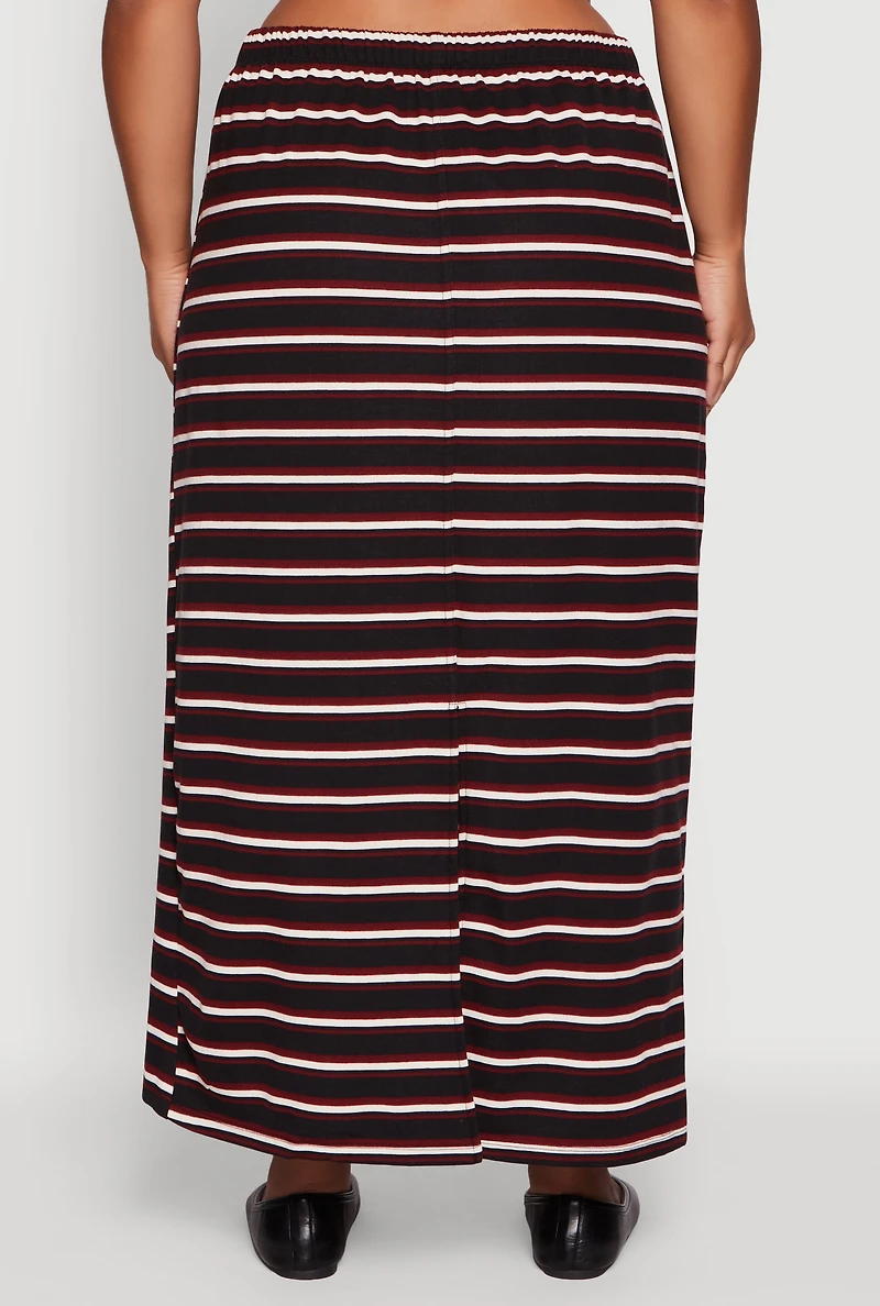 Womens Plus Size Striped Toggle Drawstring Waist Maxi Skirt, Black, Size 3X