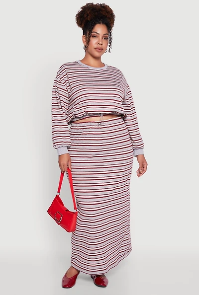 Womens Plus Size Striped Toggle Drawstring Waist Maxi Skirt, Grey, Size 2X