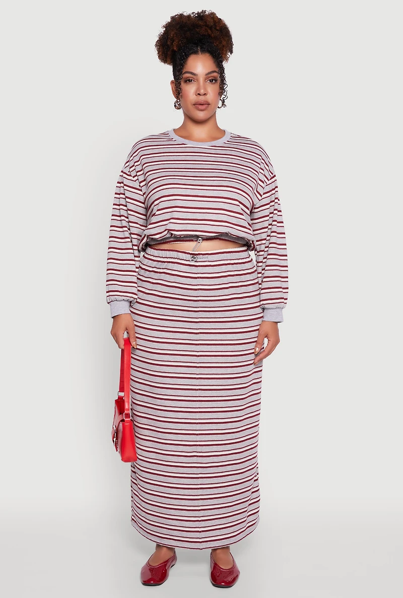 Womens Plus Size Striped Toggle Drawstring Waist Maxi Skirt, Grey, Size 2X