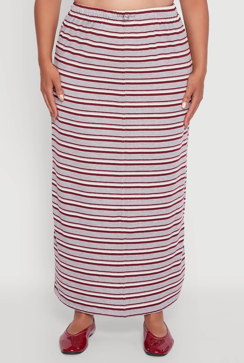 Womens Plus Size Striped Toggle Drawstring Waist Maxi Skirt, Grey, Size 3X