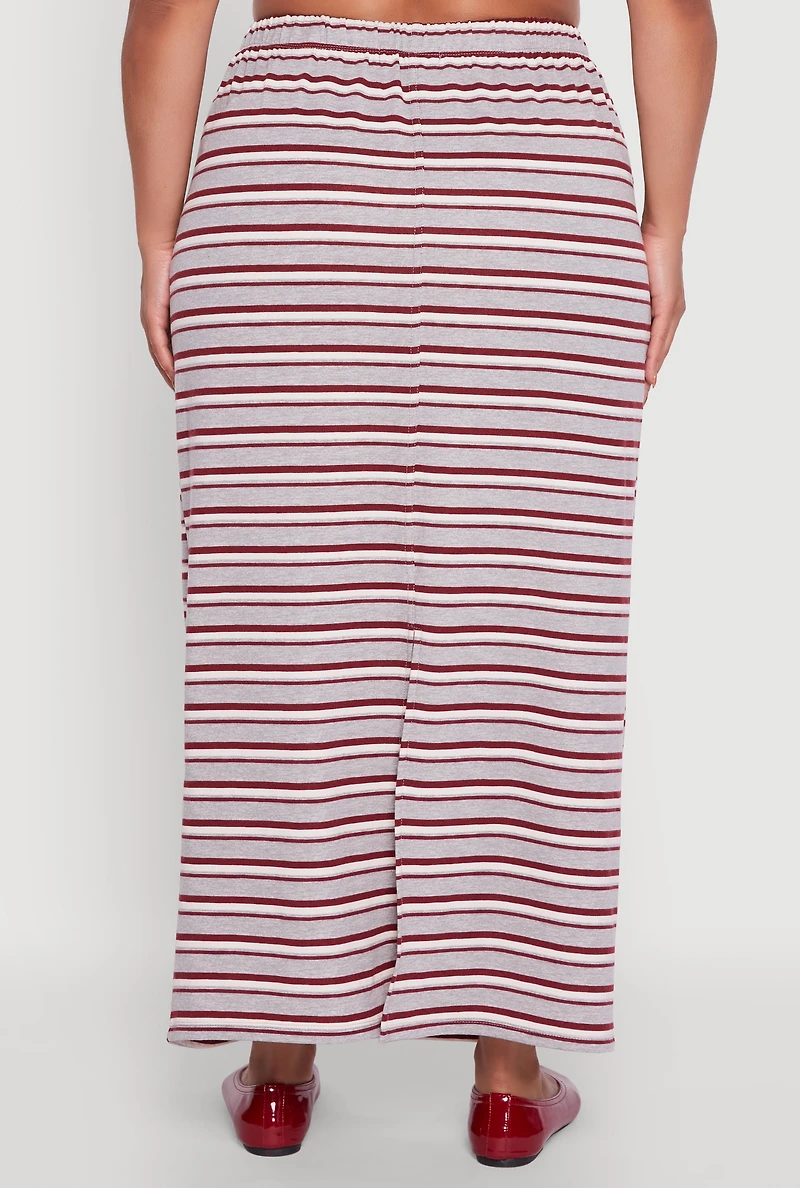 Womens Plus Size Striped Toggle Drawstring Waist Maxi Skirt, Grey, Size 2X