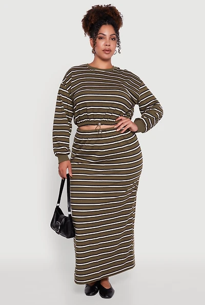 Womens Plus Size Striped Toggle Drawstring Waist Maxi Skirt, Green, Size 3X