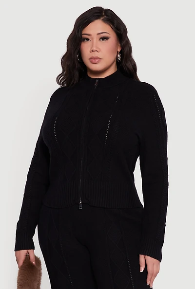 Womens Plus Almost Famous Cable Knit Sweater with Zip Front,