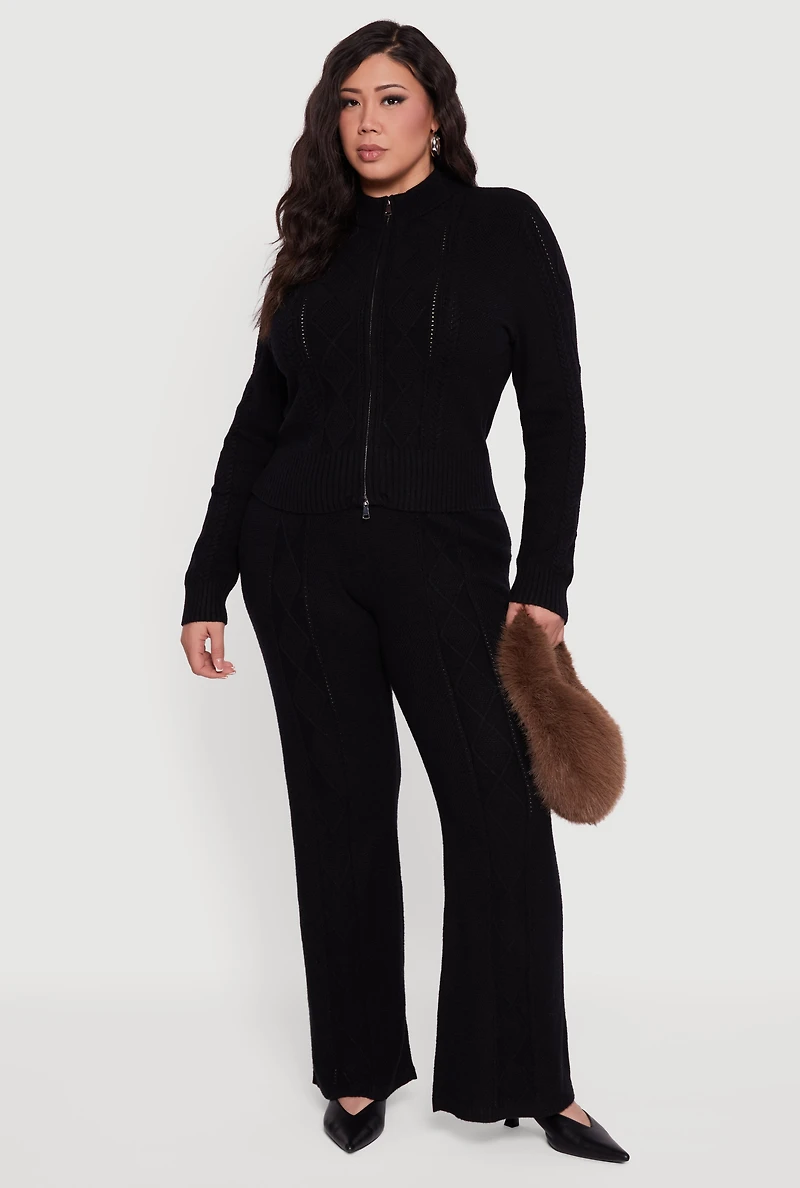 Womens Plus Size Almost Famous Cable Knit Sweater with Zip Front, Black, Size 3X