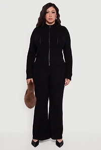 Womens Plus Size Almost Famous Cable Knit Sweater with Zip Front, Black, Size 3X