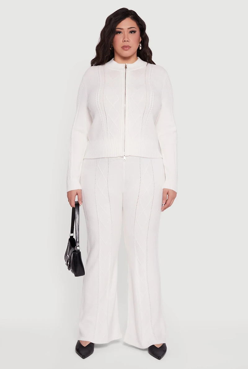 Womens Plus Almost Famous Cable Knit Sweater with Zip Front, White,