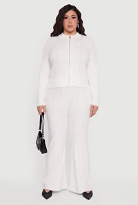 Womens Plus Almost Famous Cable Knit Sweater with Zip Front, White,