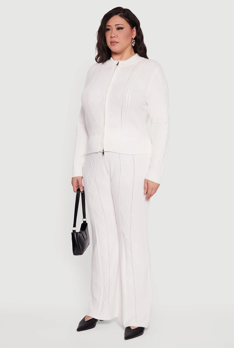 Womens Plus Almost Famous Cable Knit Sweater with Zip Front, White,