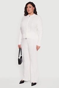 Womens Plus Almost Famous Cable Knit Sweater with Zip Front, White,