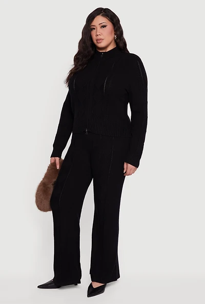 Womens Plus Size Almost Famous High Waisted Cable Knit Pants, Black, Size 3X