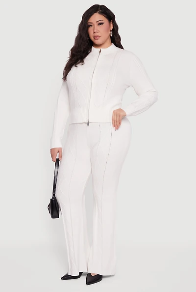 Womens Plus Almost Famous High Waisted Cable Knit Pants, White,