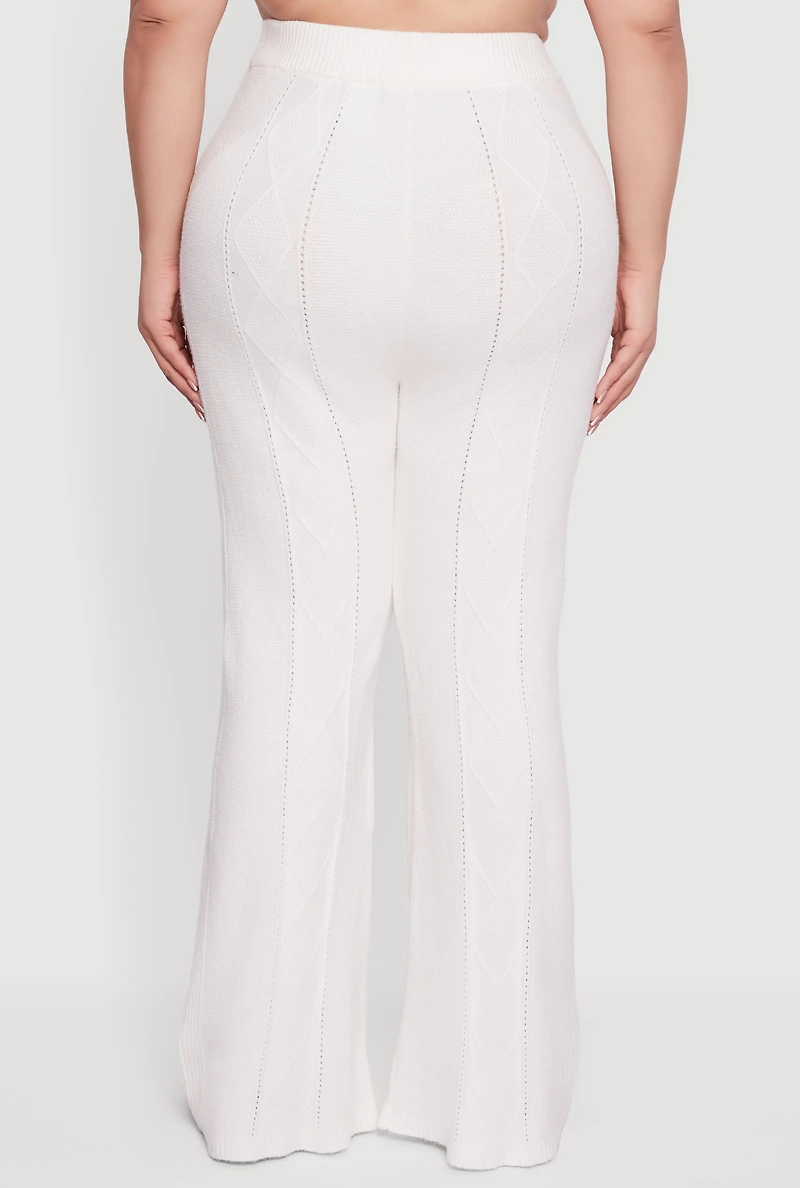Womens Plus Almost Famous High Waisted Cable Knit Pants, White,