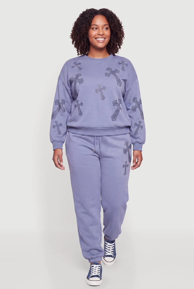 Plus Almost Famous Rhinestone Patterned Pullover Sweatshirt