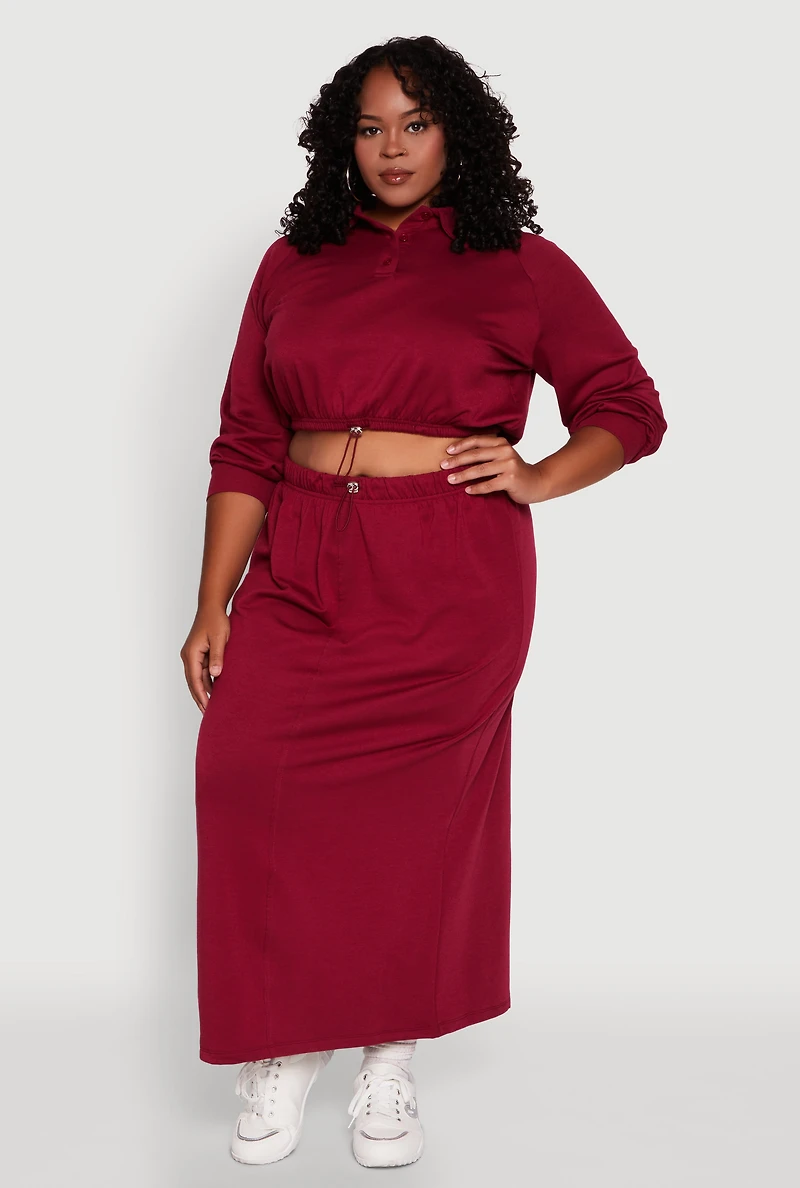 Womens Plus Size Toggle Drawstring Hem Crop Sweatshirt, Burgundy, Size 1X