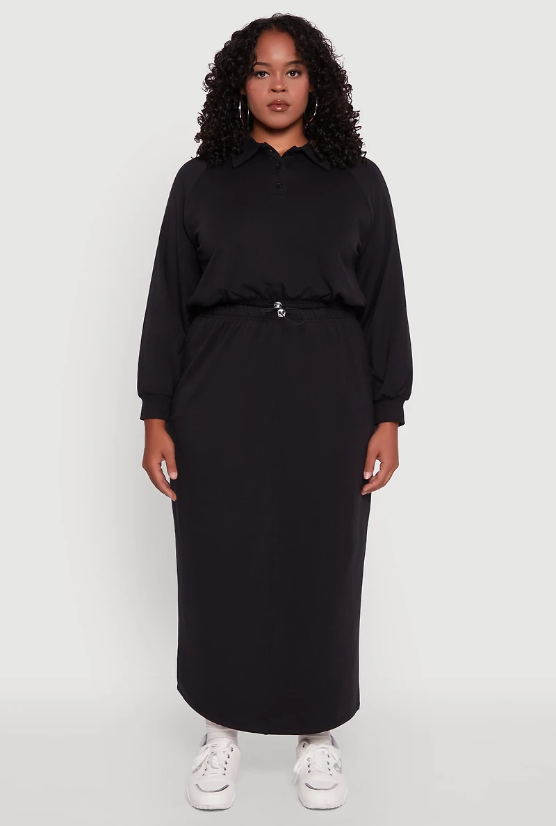 Womens Plus Toggle Drawstring Solid Fleece Maxi Skirt,