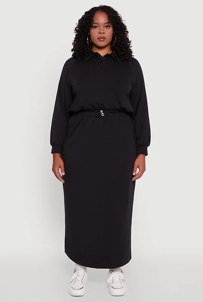 Womens Plus Toggle Drawstring Solid Fleece Maxi Skirt,
