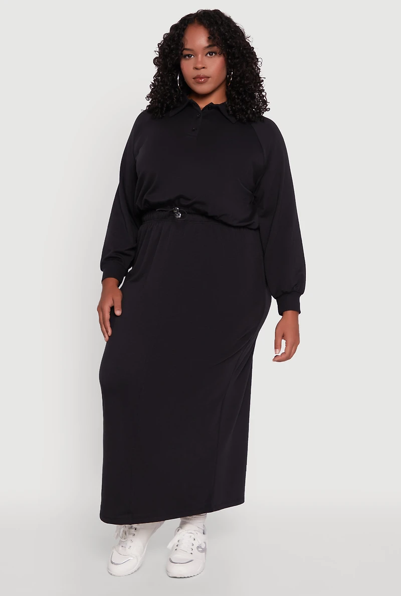 Womens Plus Toggle Drawstring Solid Fleece Maxi Skirt,
