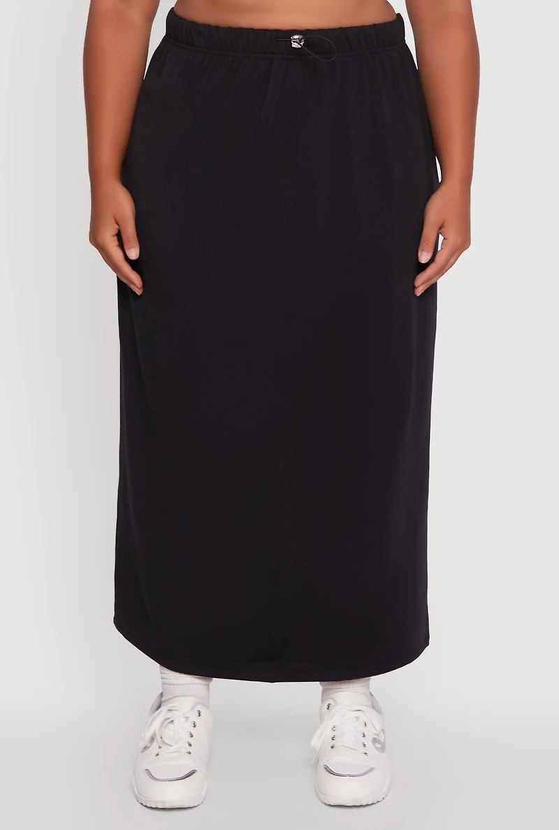 Womens Plus Toggle Drawstring Solid Fleece Maxi Skirt,