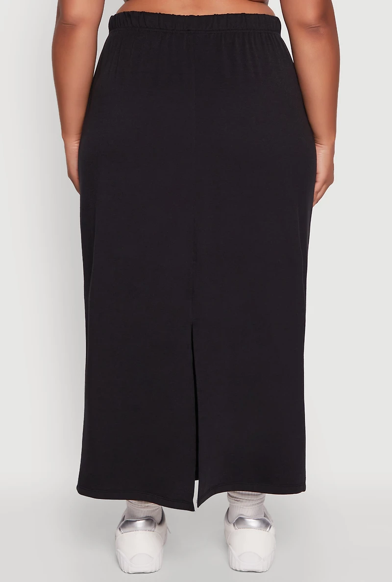 Womens Plus Toggle Drawstring Solid Fleece Maxi Skirt,