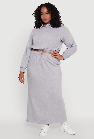 Womens Plus Size Toggle Drawstring Solid Fleece Maxi Skirt, Grey, Size 2X