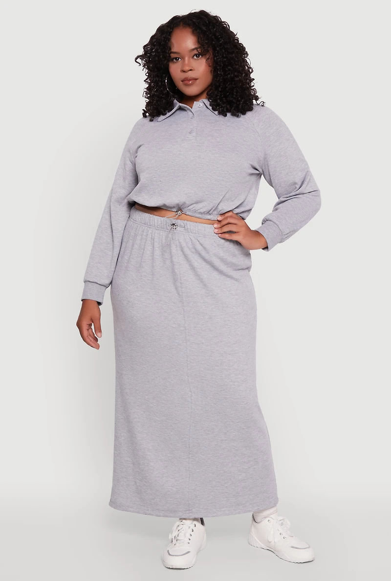 Plus Toggle Drawstring Solid Fleece Maxi Skirt