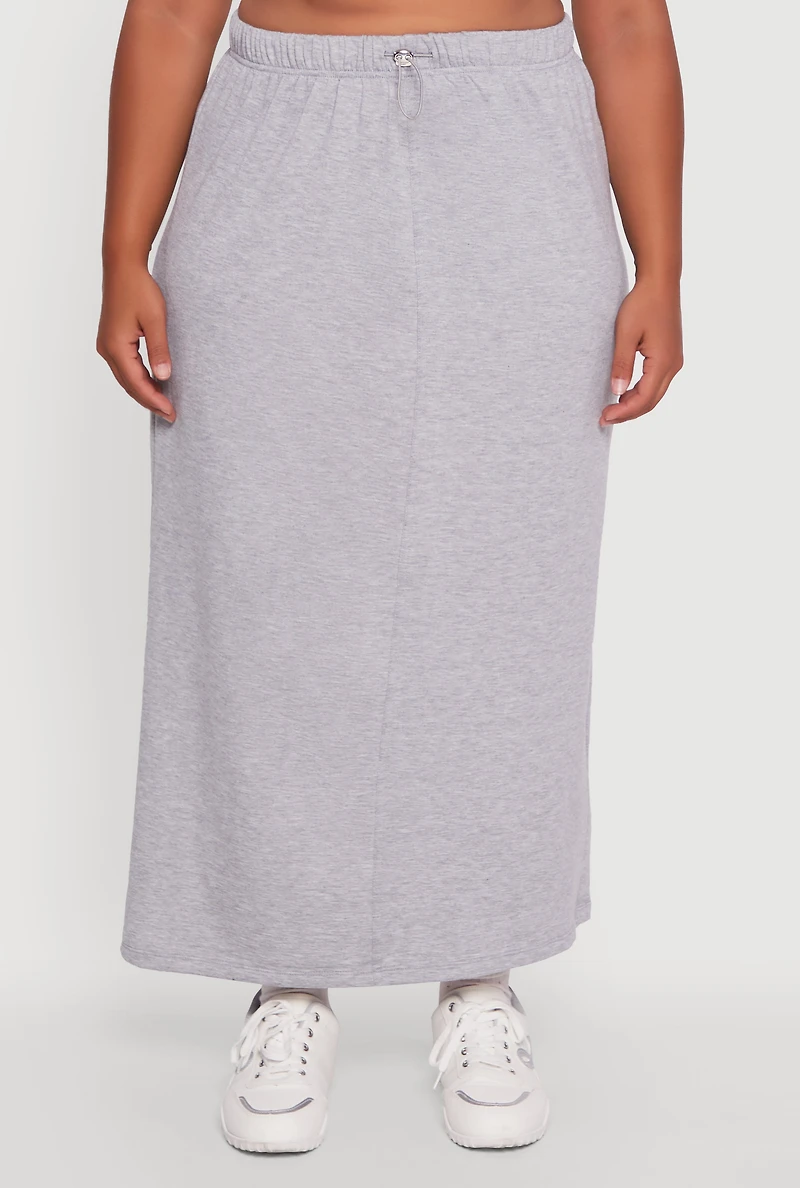 Womens Plus Toggle Drawstring Solid Fleece Maxi Skirt, Grey,