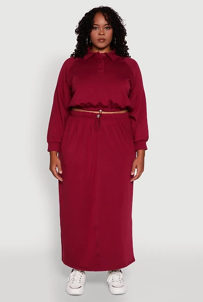 Womens Plus Size Toggle Drawstring Solid Fleece Maxi Skirt, Burgundy, Size 3X