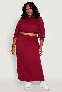 Womens Plus Size Toggle Drawstring Solid Fleece Maxi Skirt, Burgundy, Size 3X
