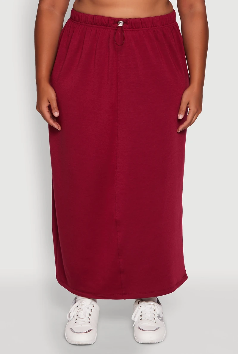 Womens Plus Size Toggle Drawstring Solid Fleece Maxi Skirt, Burgundy, Size 3X