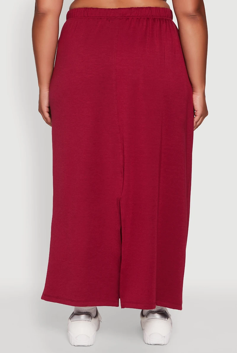 Womens Plus Size Toggle Drawstring Solid Fleece Maxi Skirt, Burgundy, Size 3X