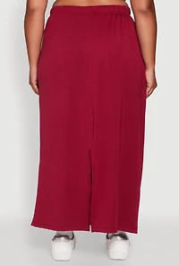 Womens Plus Size Toggle Drawstring Solid Fleece Maxi Skirt, Burgundy, Size 3X