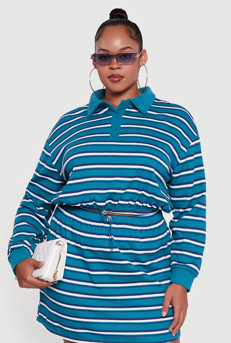 Womens Plus Size Striped Fleece Lined Cropped Sweatshirt, Blue, Size 2X