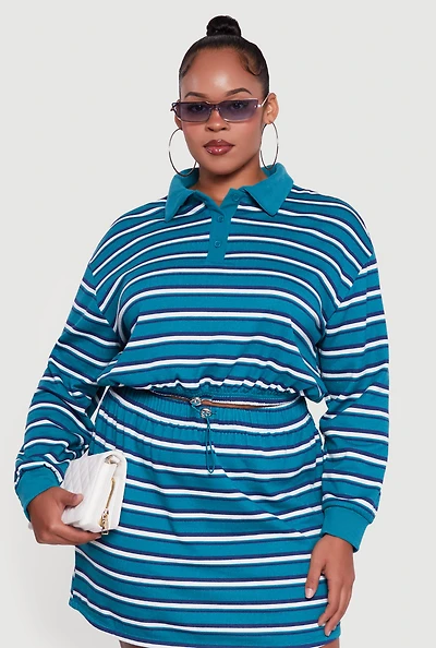 Womens Plus Size Striped Fleece Lined Cropped Sweatshirt, Blue, Size 2X