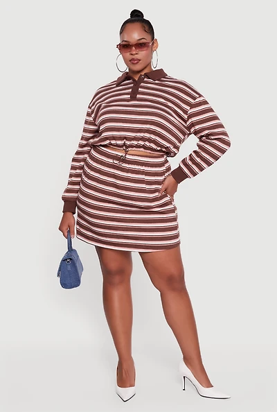 Womens Plus Striped High Waisted Fleece Lined Skirt, Brown,