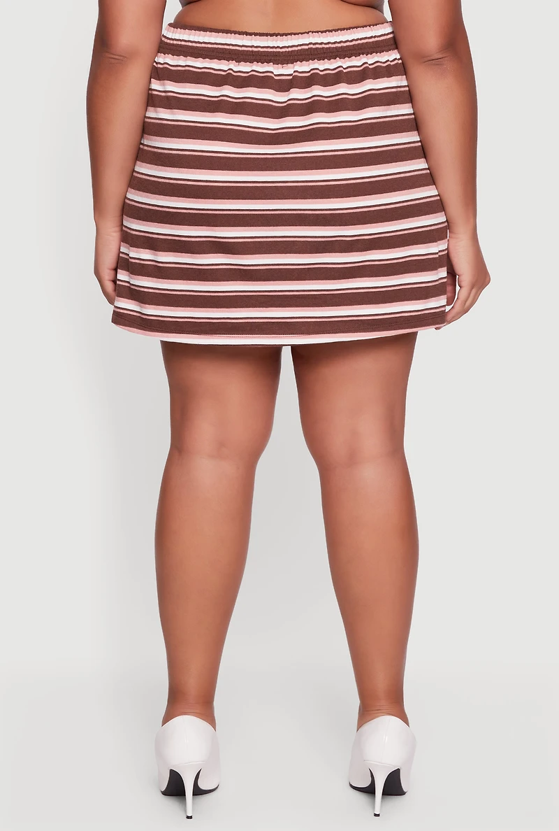 Womens Plus Striped High Waisted Fleece Lined Skirt, Brown,