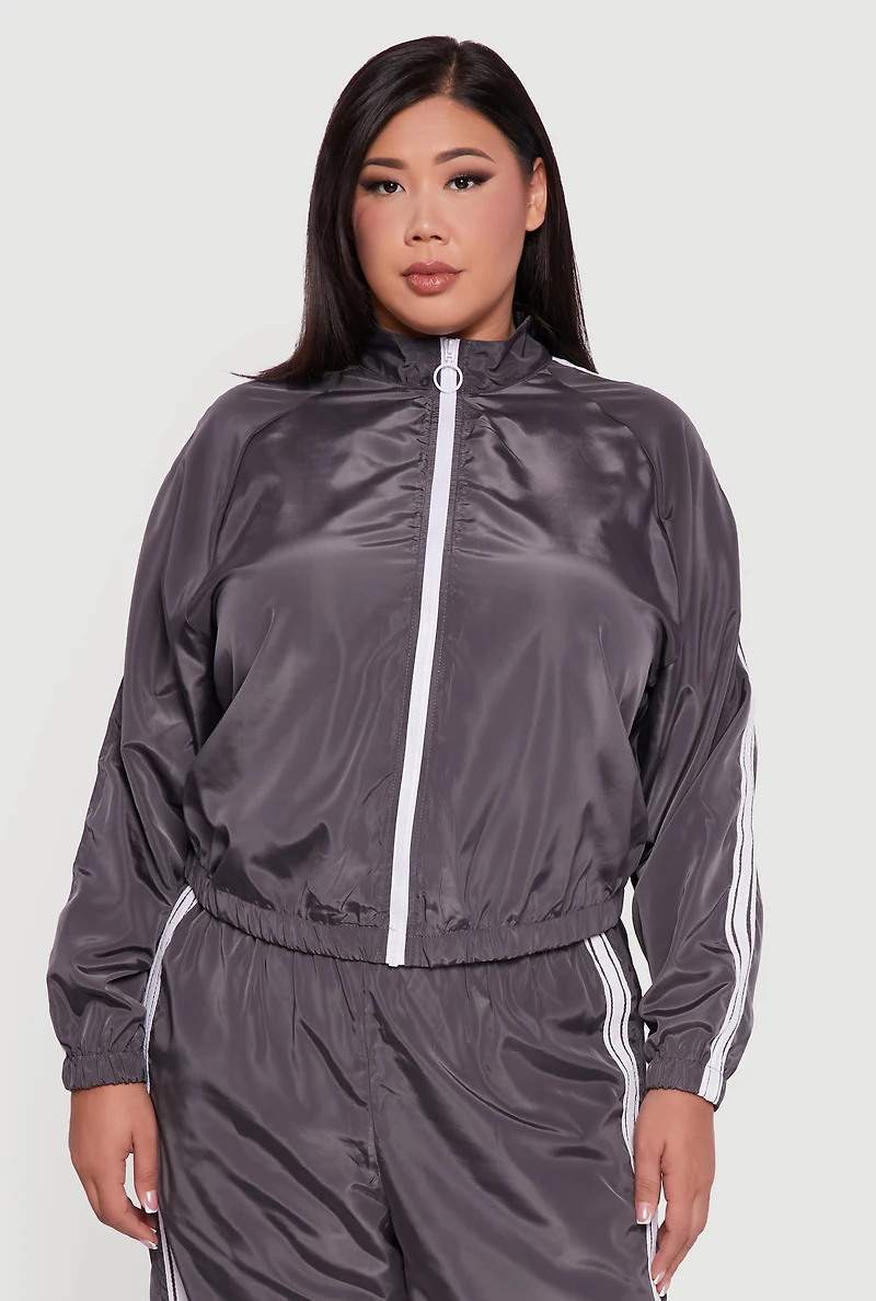 Womens Plus O Ring Zip Nylon Track Jacket with Contrast Trim, Grey,