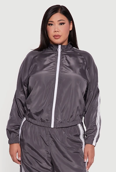 Womens Plus O Ring Zip Nylon Track Jacket with Contrast Trim, Grey,
